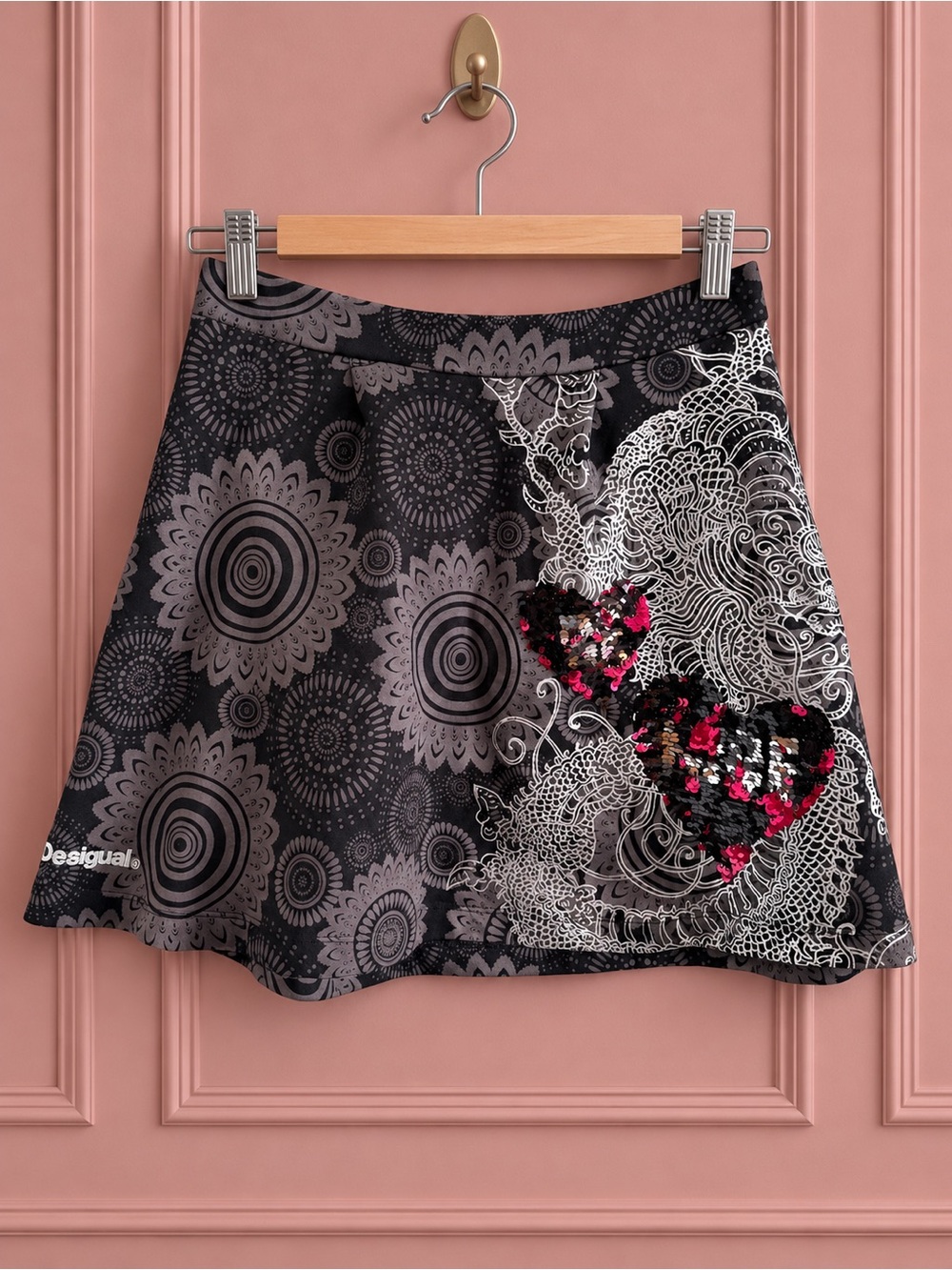 Desigual Black & Gray Floral Sequin Mini Skirt